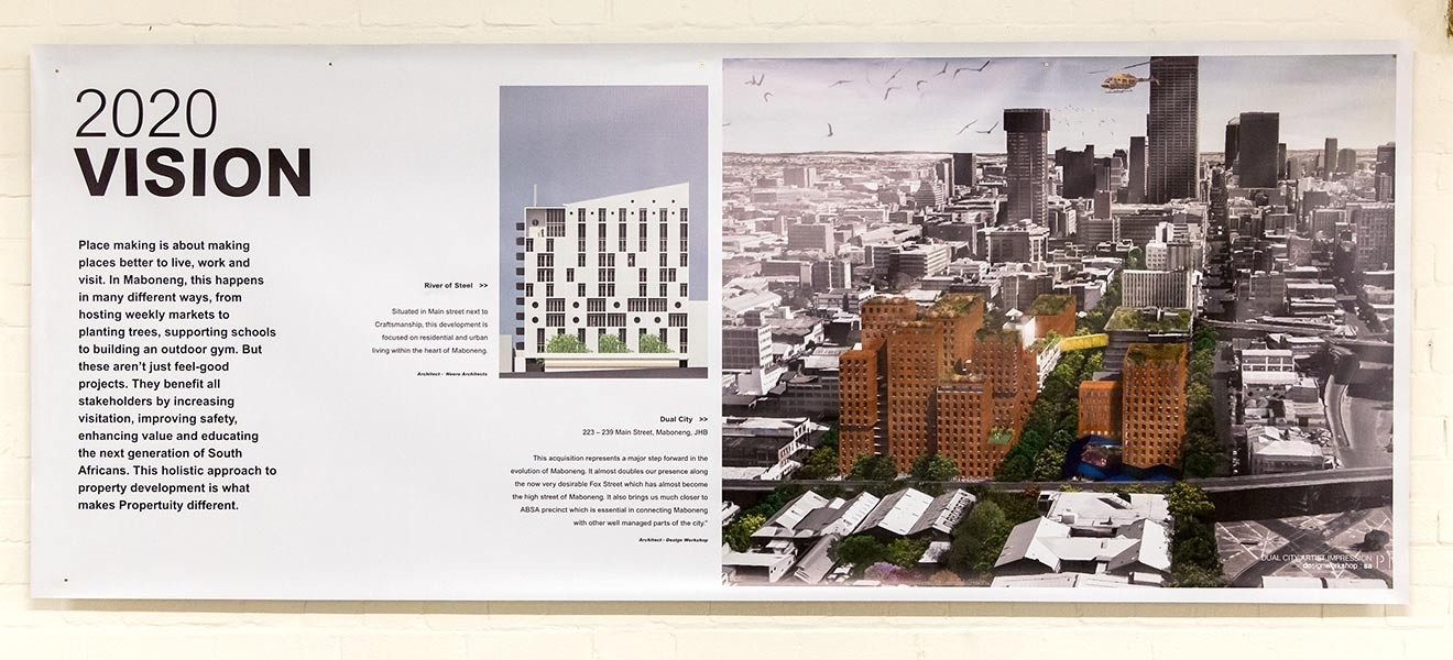 Wheels from coco pans and other old mining paraphernalia excavated from a building site near Maboneng reveal the city’s buried roots.